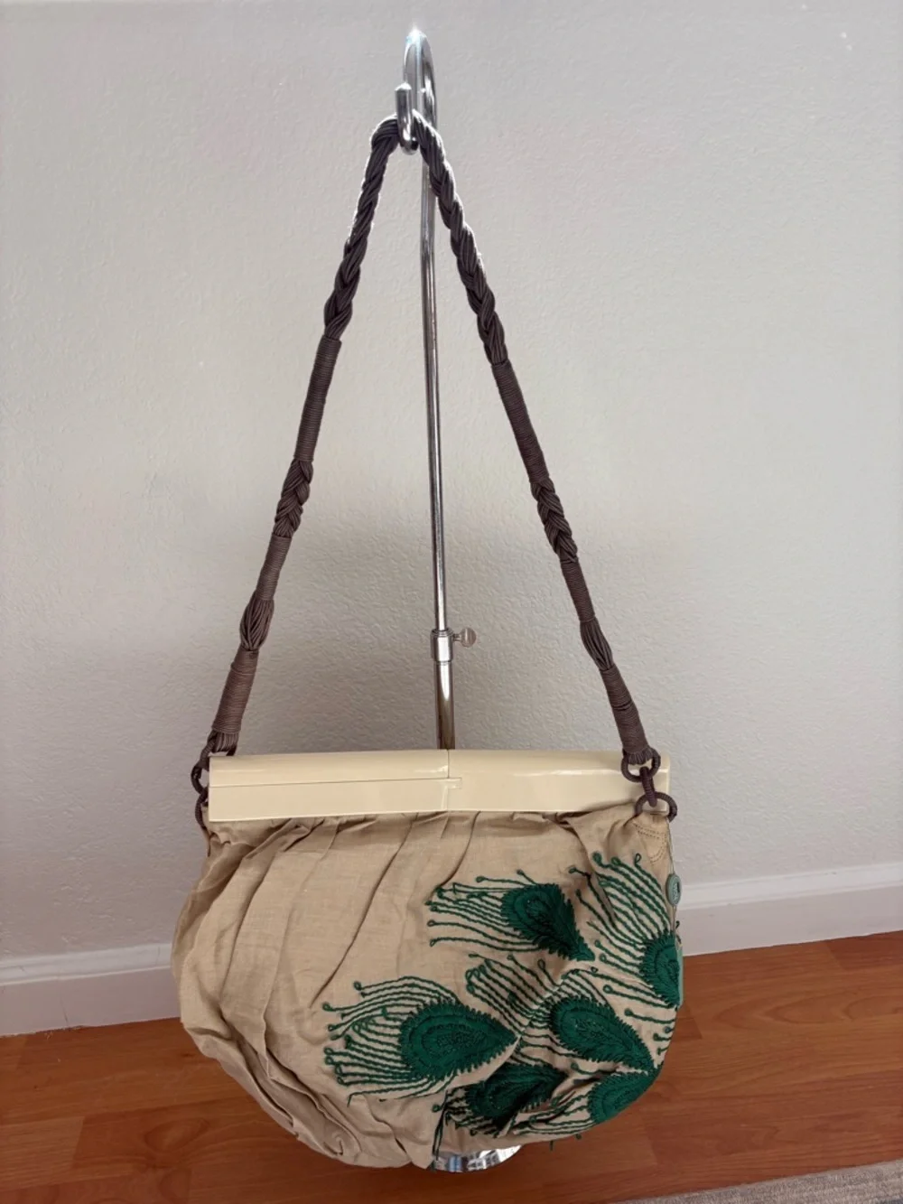 Beige Shoulder Bag with Green Peacock Embroidery